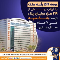 عرضه ۵۱۹ رقبه ملک به ارزش بیش از ۲۱۹ هزار میلیارد ریال توسط بانک سپه طی هفت ماه سال جاری
