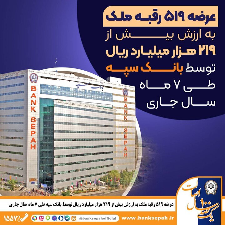 عرضه ۵۱۹ رقبه ملک به ارزش بیش از ۲۱۹ هزار میلیارد ریال توسط بانک سپه طی هفت ماه سال جاری عرضه ۵۱۹ رقبه ملک به ارزش بیش از ۲۱۹ هزار میلیارد ریال توسط بانک سپه طی هفت ماه سال جاری