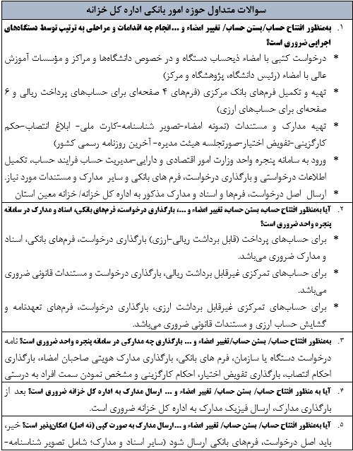 پرسش و پاسخ های متداول مرکز امور خزانه و مدیریت نقدینگی