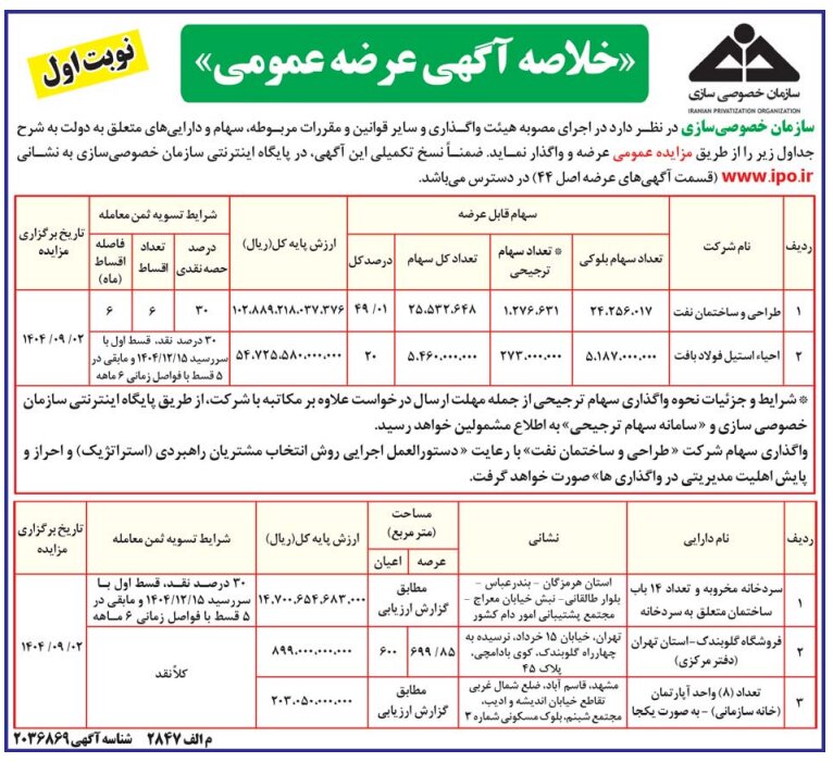 عرضه و واگذاری بخشی از دارایی‌های دولت از طریق مزایده عمومی