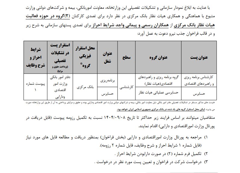 فراخوان جذب نیرو برای تصدی پست سازمانی گروه های مرتبط با هیأت نظار بانک مرکزی (1404)