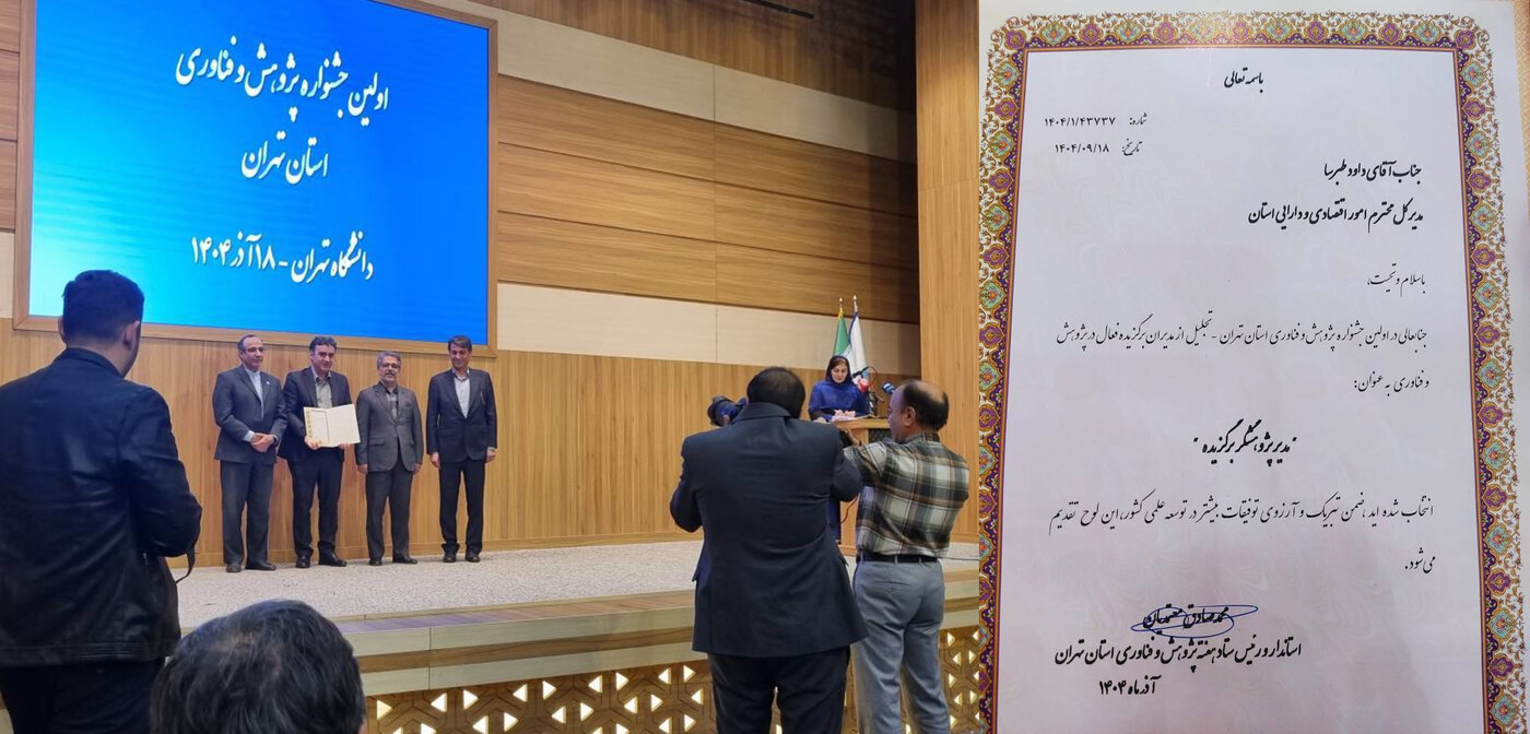 داود طبرسا، مدیرکل امور اقتصادی و دارایی استان تهران، به عنوان مدیر و پژوهشگر برگزیده در جشنواره پژوهش و فناوری استان تهران تجلیل شد