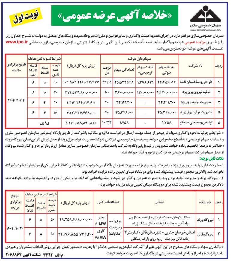 عرضه و واگذاری برخی از داراییهای متعلق به دولت از طریق مزایده عمومی