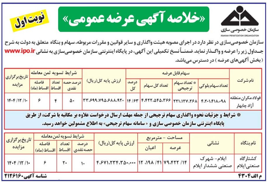 عرضه و واگذاری سهام تعدادی از دارایی‌های متعلق به دولت