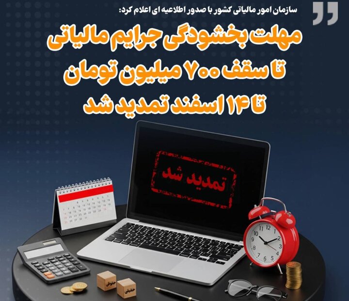 مهلت بخشودگی جرایم مالیاتی تا سقف ۷۰۰ میلیون تومان تا ۱۴ اسفند تمدید شد