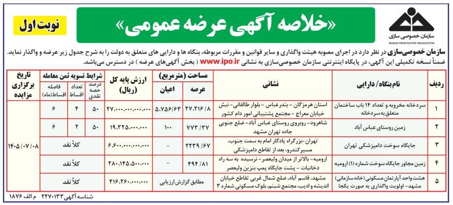 اطلاعیه عرضه عمومی املاک سازمان خصوصی‌سازی