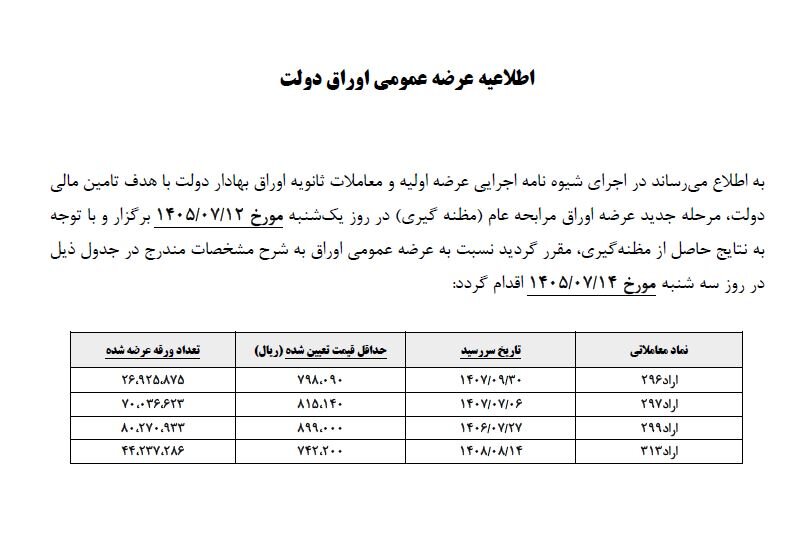 اطلاعیه عرضه عمومی اوراق دولت مورخ ۱۴۰۵/۰۷/۱۴