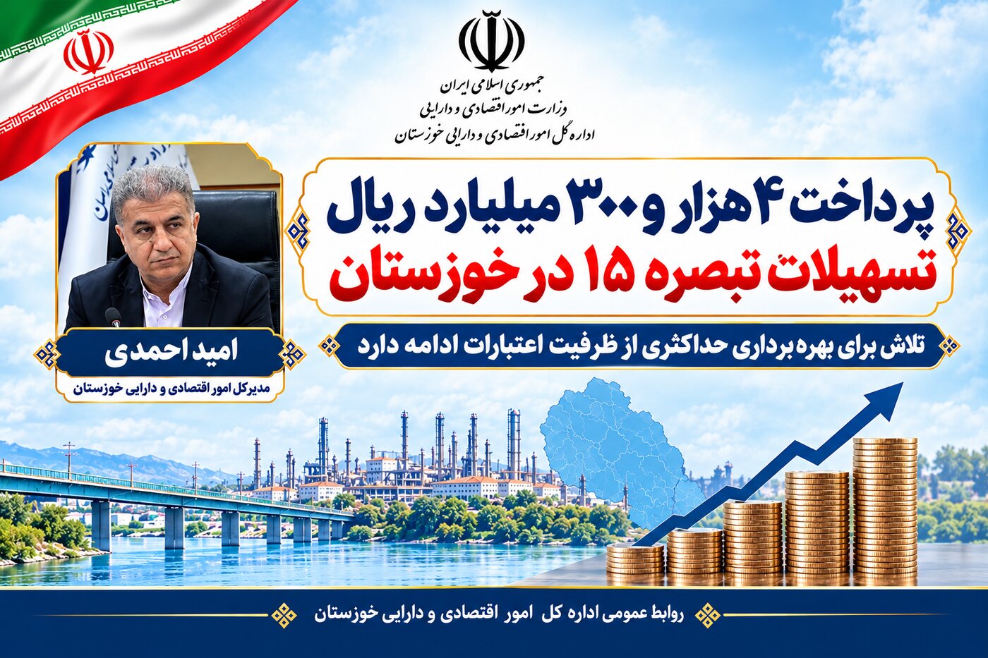 پرداخت ۴ هزار و ۳۰۰ میلیارد ریال تسهیلات تبصره ۱۵ در خوزستان؛ تلاش برای بهره‌برداری حداکثری از ظرفیت اعتبارات ادامه دارد