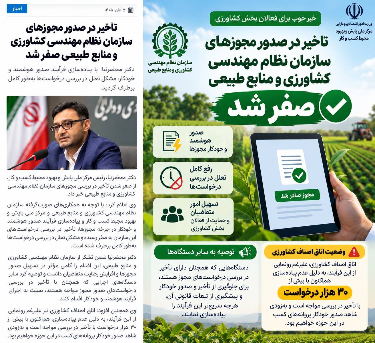 تأخیر در صدور مجوزهای سازمان نظام مهندسی کشاورزی و منابع طبیعی به صفر رسید